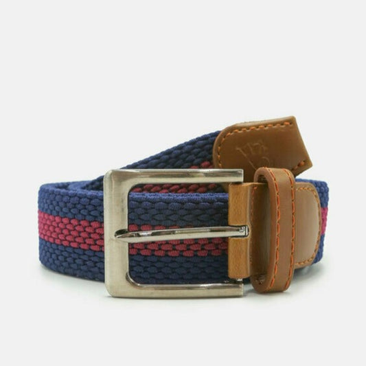 Men's Woven Stretch Belt in Navy and Mulberry Stripe