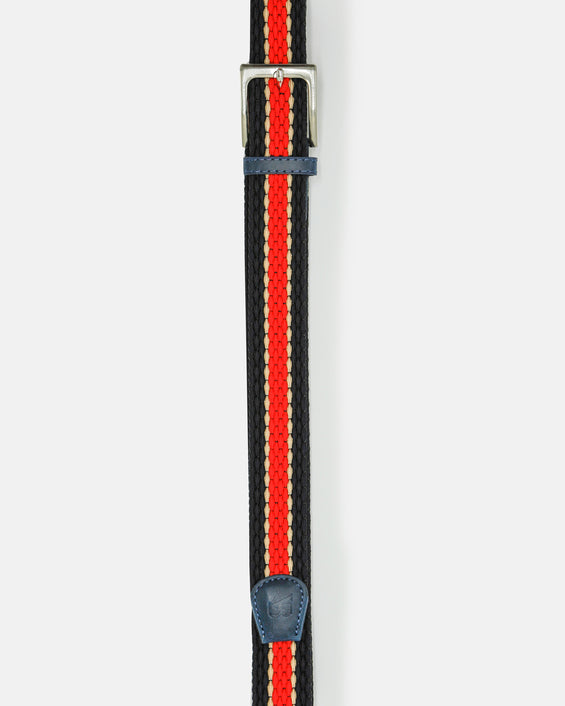 Men's Woven Stretch Belt in Navy, White, and Red Stripe