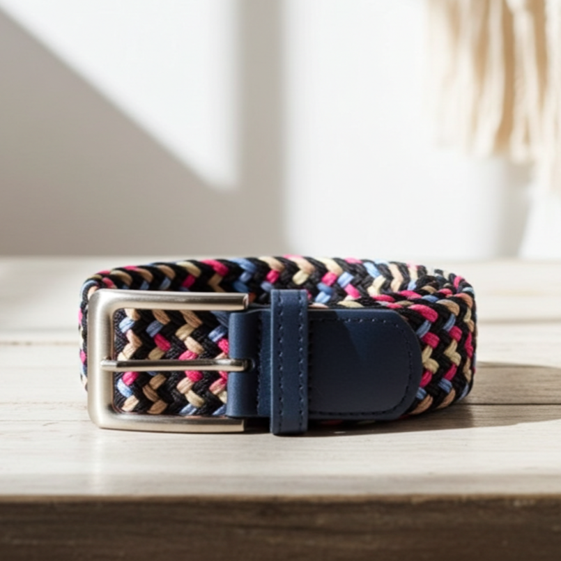 Men's Woven Stretch Belt in Navy, Pink, Blue, and Beige Zigzag