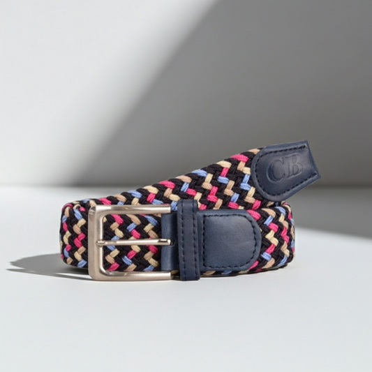 Men's Woven Stretch Belt in Navy, Pink, Blue, and Beige Zigzag