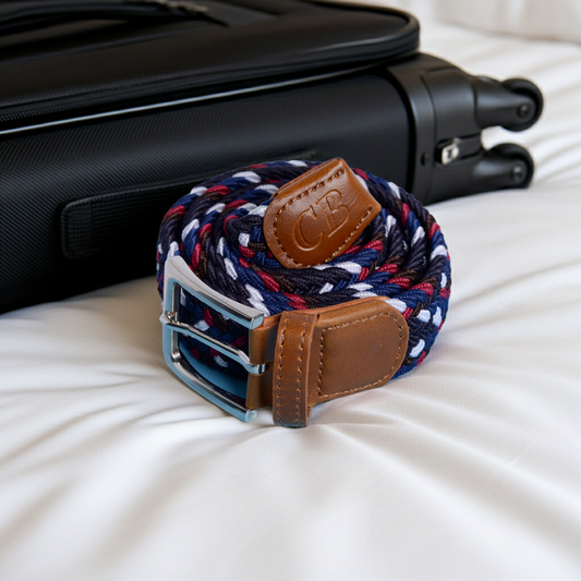 Men's Woven Stretch Belt in Navy Black Mulberry and White Zigzag