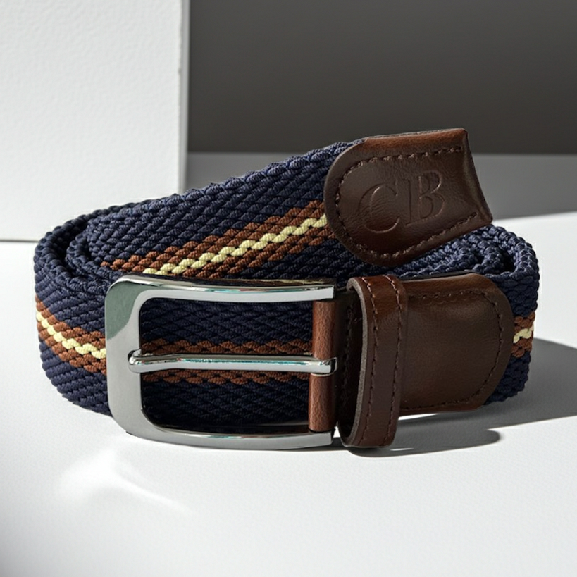 Men's Woven Stretch Belt in Navy, Brown and Cream Stripe