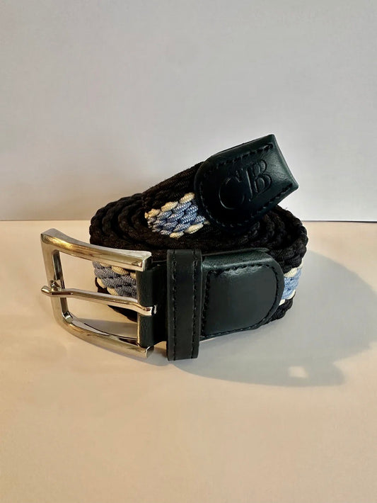 Men's Woven Stretch Belt in Navy, Light Blue and White Stripe