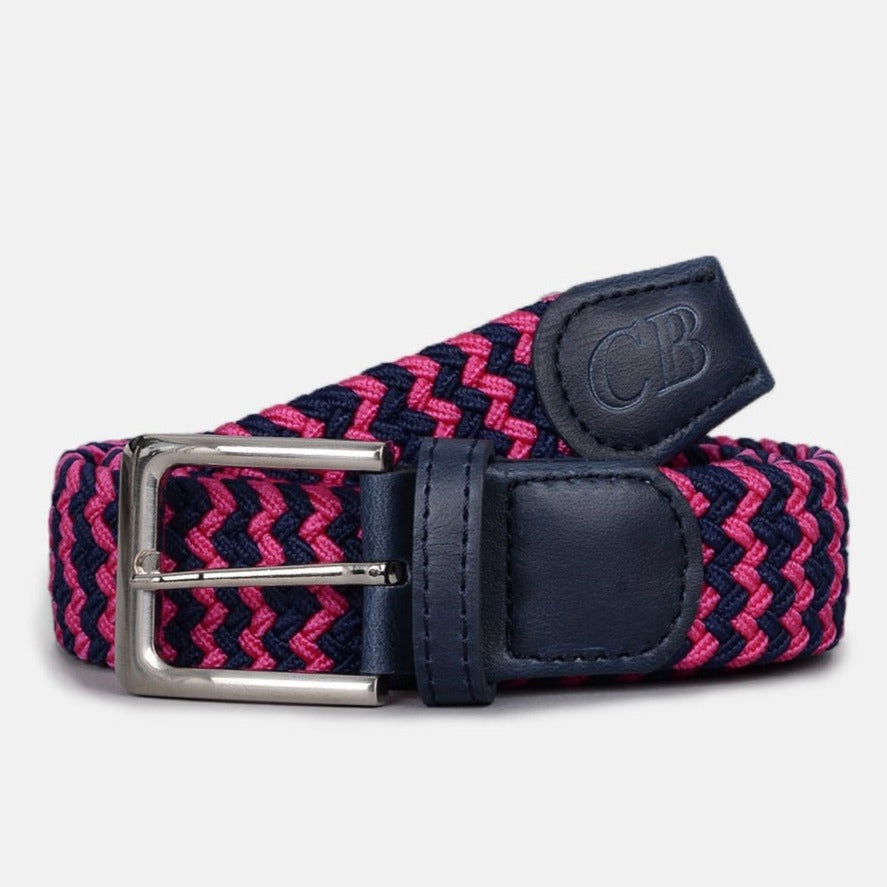 Children's Woven Stretch Belt in Navy and Cerise Zigzag