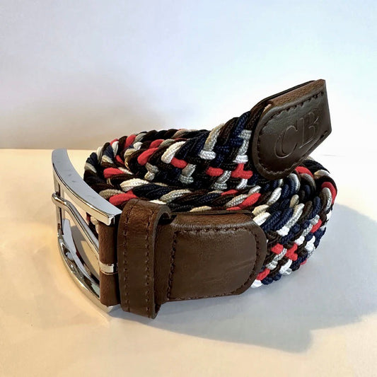 Men's Woven Stretch Belt in Red and Navy Multi Zigzag