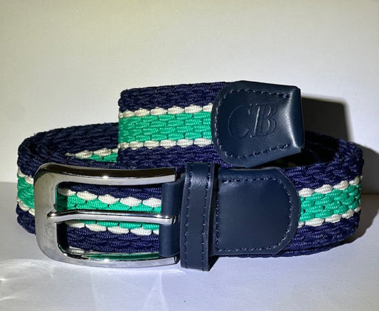 Men's Woven Stretch Belt in Navy, Green and Thin White Stripe
