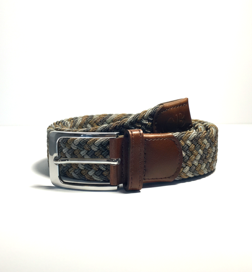Men's Woven Stretch Belt in Grey and Sand Zigzag