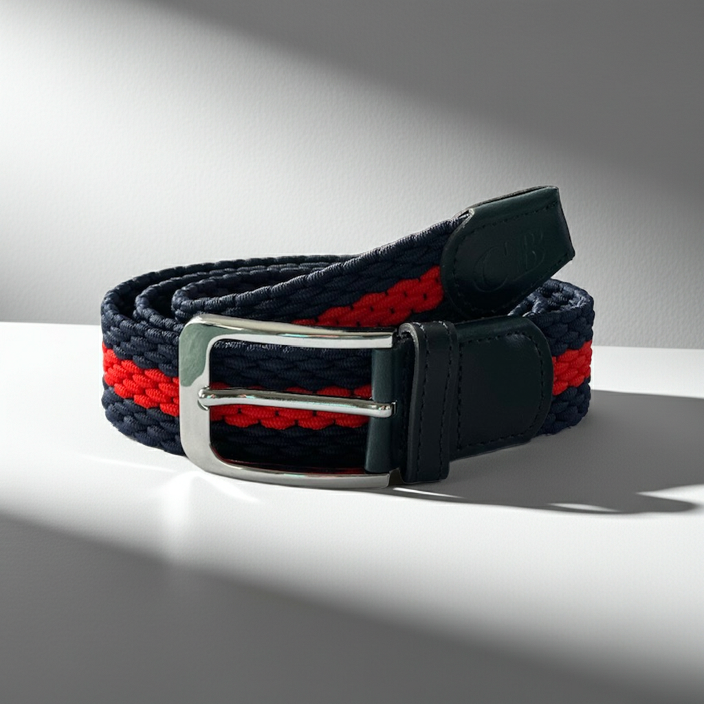 Men's Woven Stretch Belt in Navy and Red Stripe