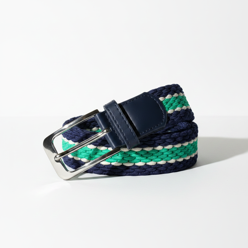 Men's Woven Stretch Belt in Navy, Green and Thin White Stripe