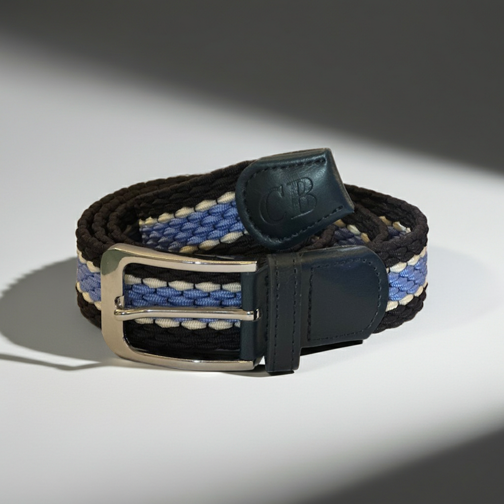 Men's Woven Stretch Belt in Navy, Light Blue and White Stripe