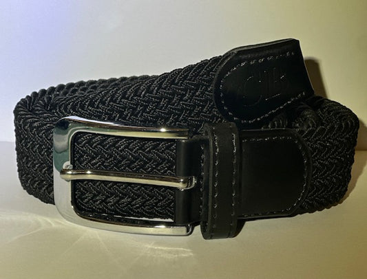Black woven belt with a silver buckle on a light background