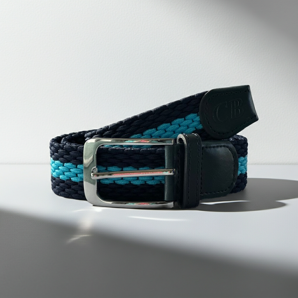 Men's Woven Stretch Belt in Navy and Turquoise Stripe