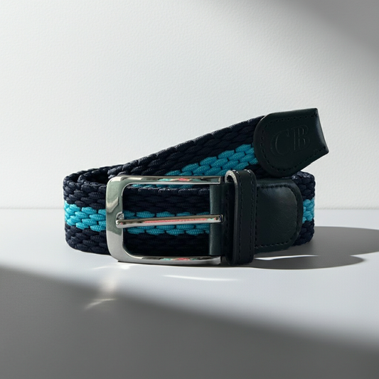 Men's Woven Stretch Belt in Navy and Turquoise Stripe