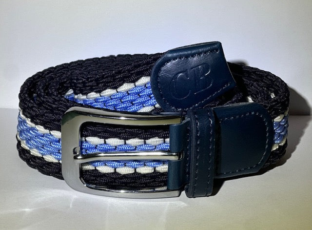 Men's Woven Stretch Belt in Navy, Light Blue and White Stripe
