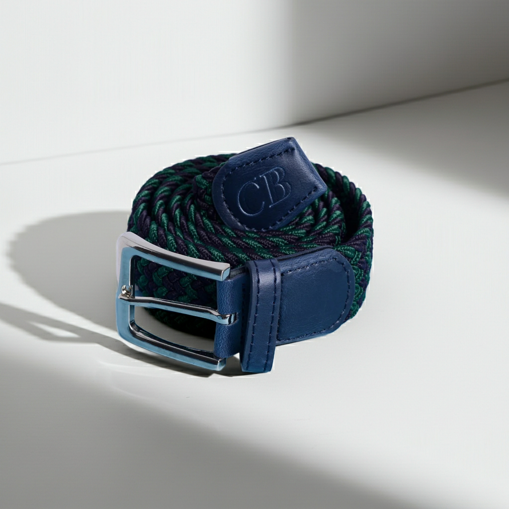 Men's Stretch Woven Belt in Navy and Green Zigzag