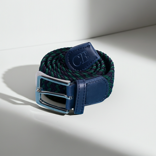 Men's Stretch Woven Belt in Navy and Green Zigzag